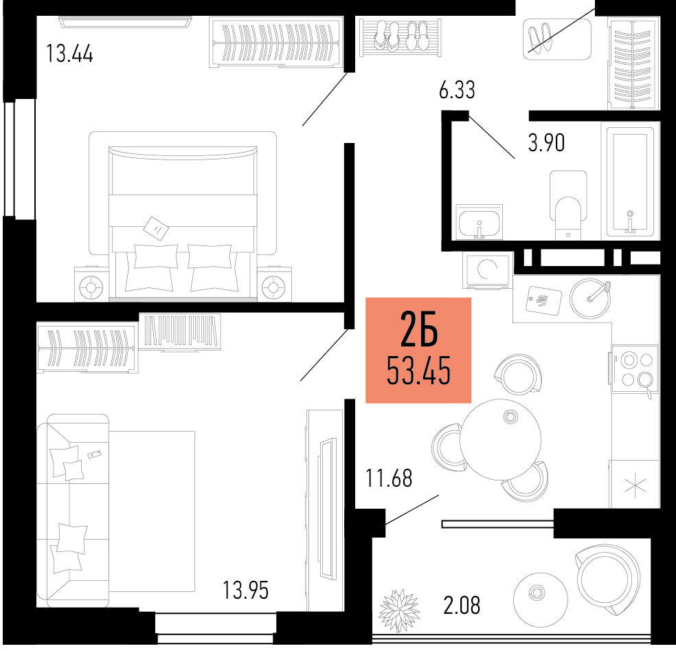 Планировка 2-комнатная 53,45 м²