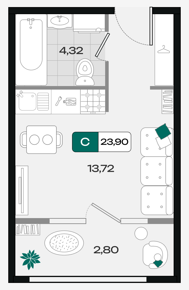 Планировка: Студия 23,9 м²