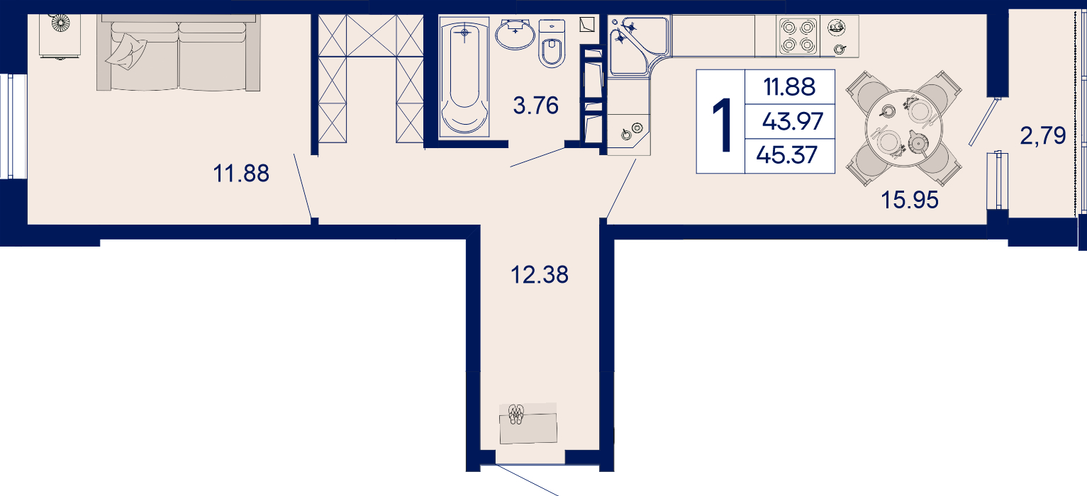 Планировка: 1-комн. квартира 45,4 м²