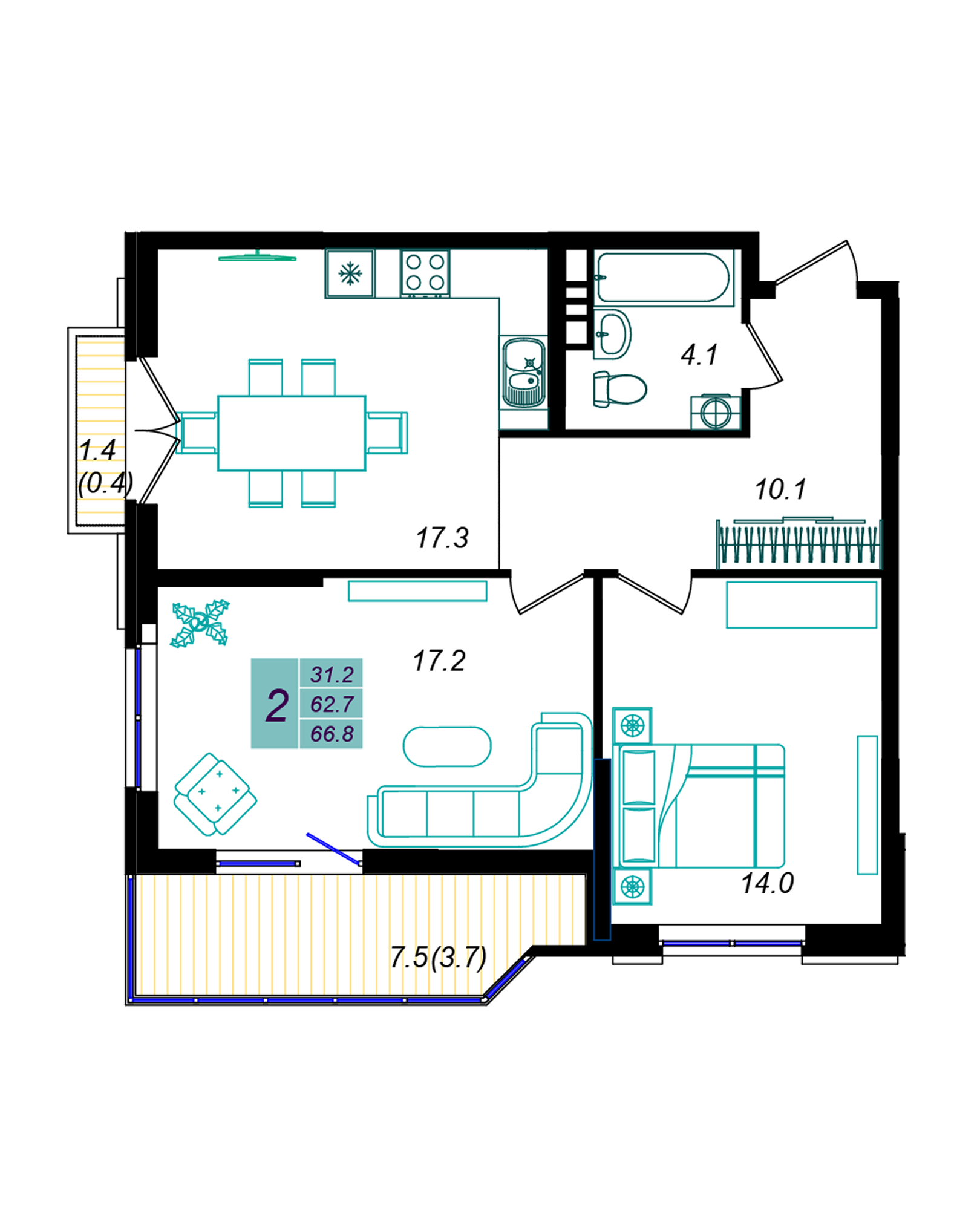 Планировка: 2-комн. квартира 66,8 м²