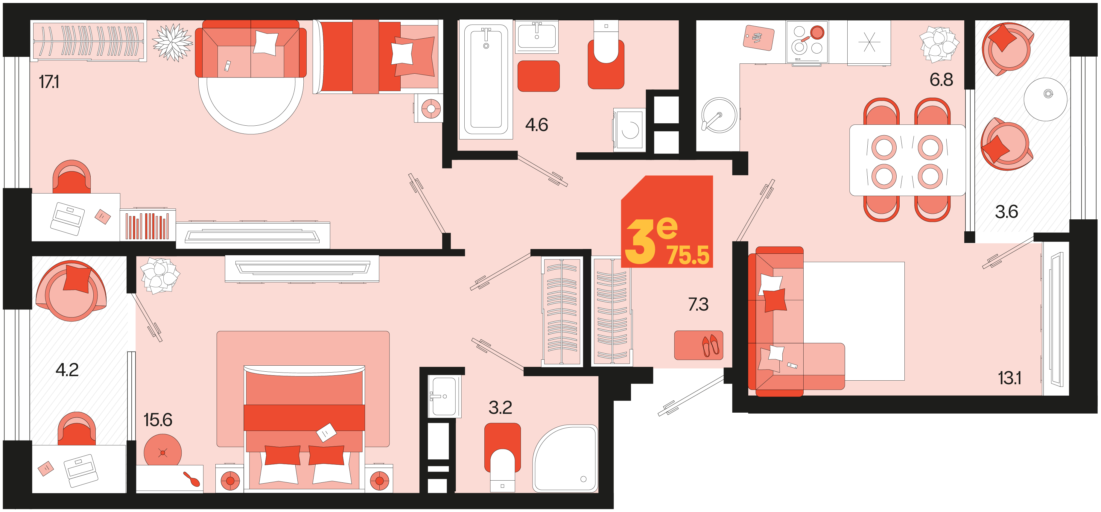 Планировка 3-комнатная 75,4 м²