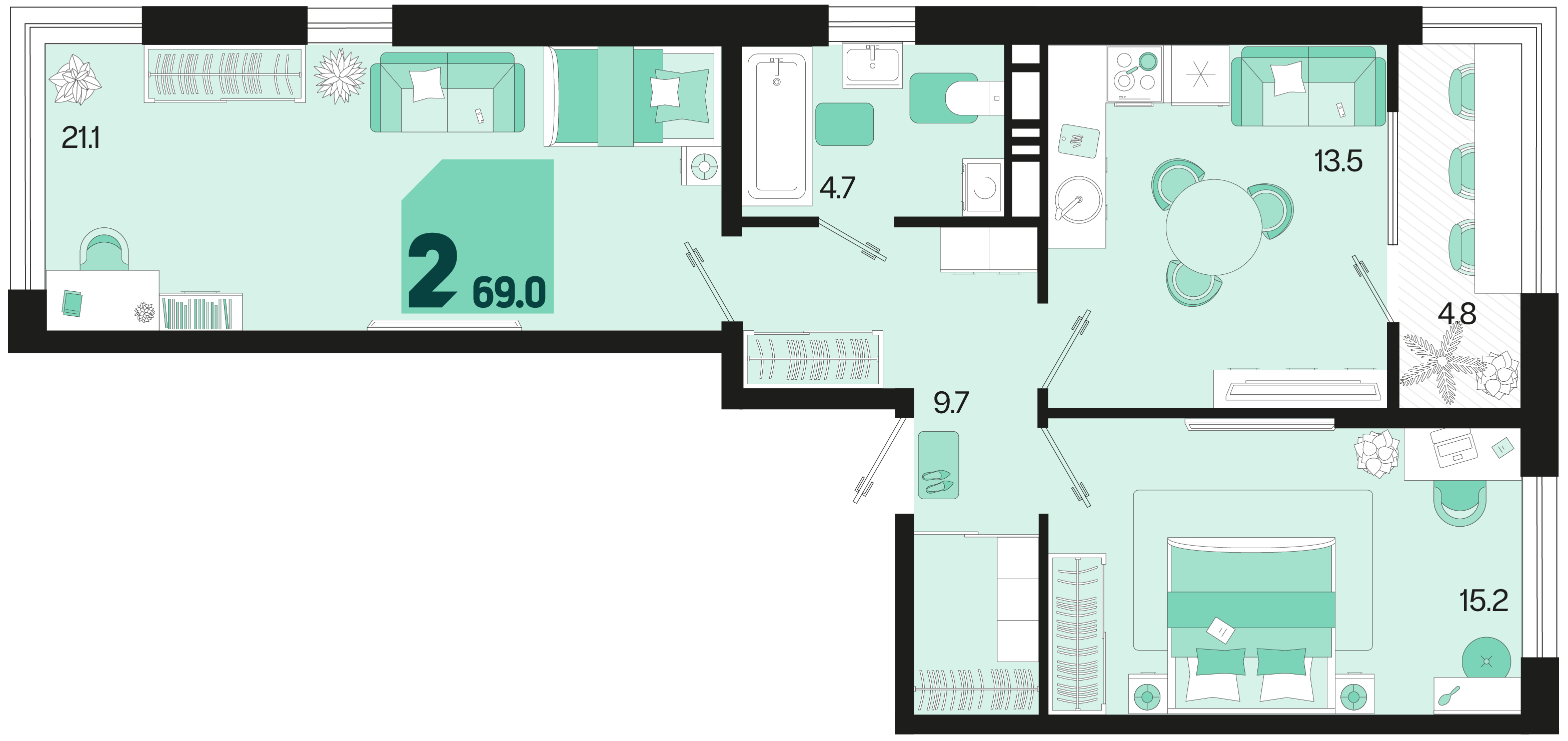 Планировка 2-комнатная 69 м²