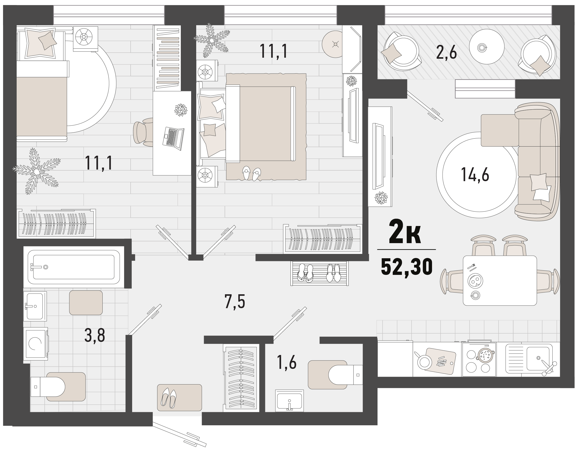 Планировка 2-комнатная 52,3 м²