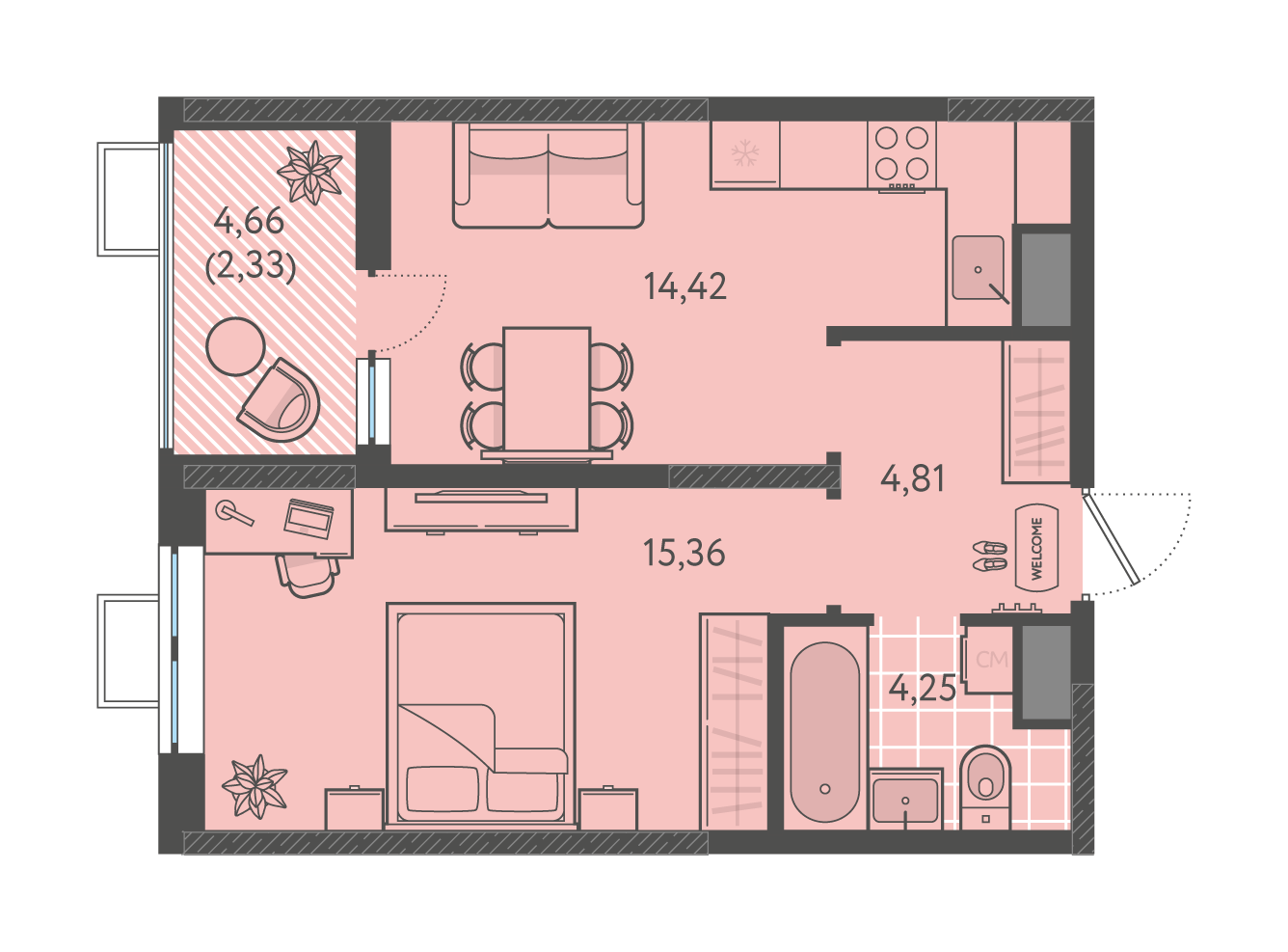 Планировка 1-комнатная 41,17 м²