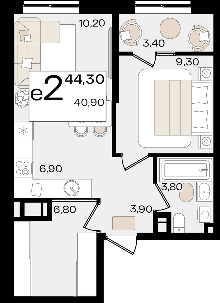 Планировка 2-комнатная 44,3 м²