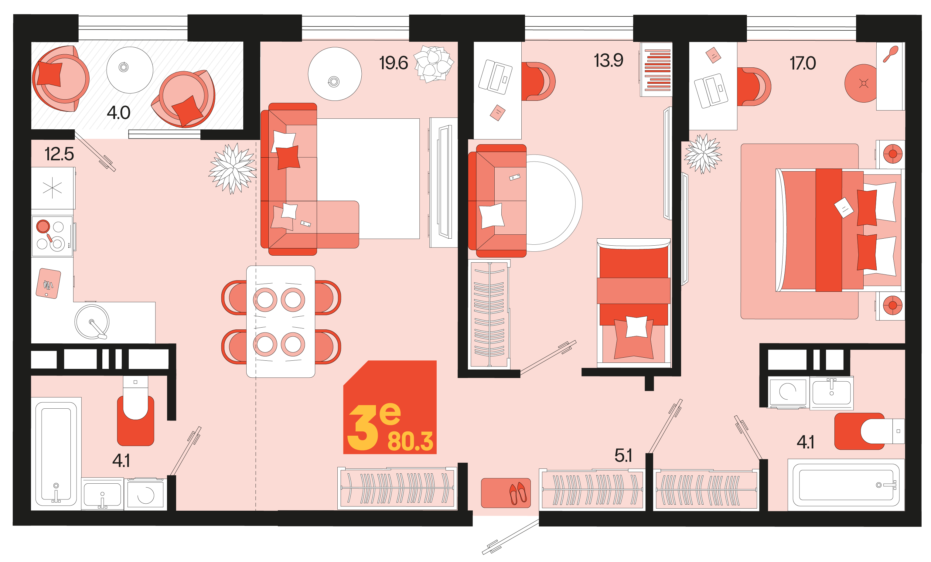 Планировка 3-комнатная 80,3 м²