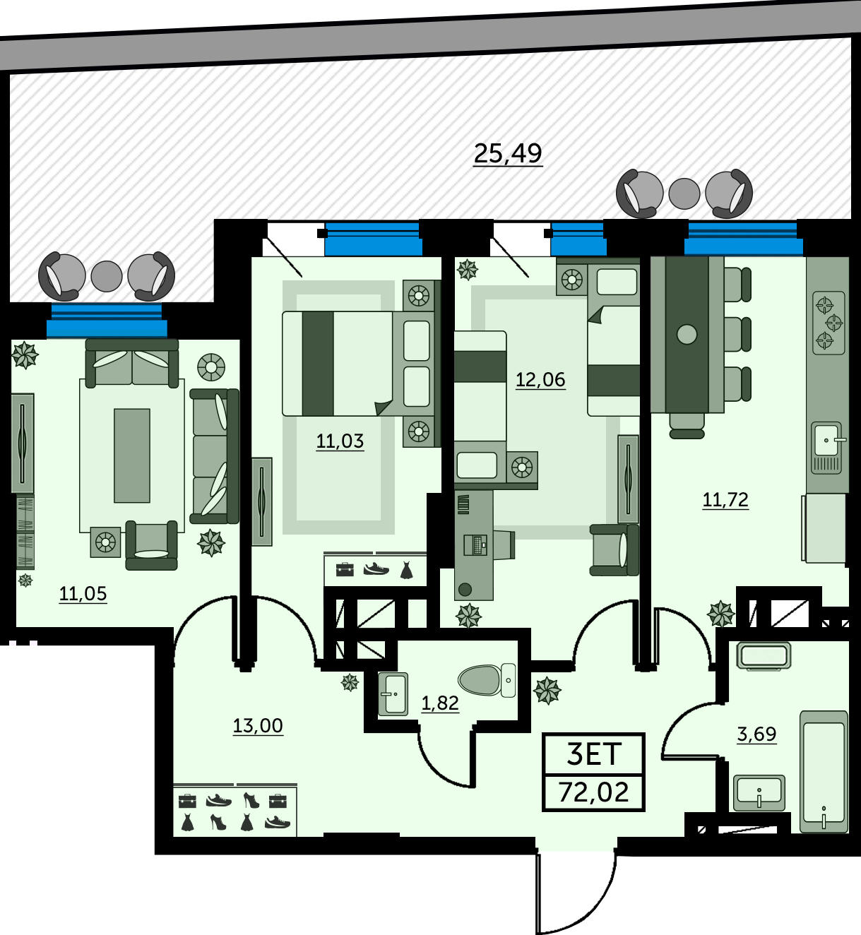 Планировка 3-комнатная 72,4 м²