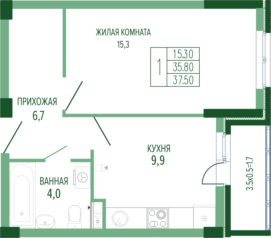 Планировка 1-комнатная 38,4 м²