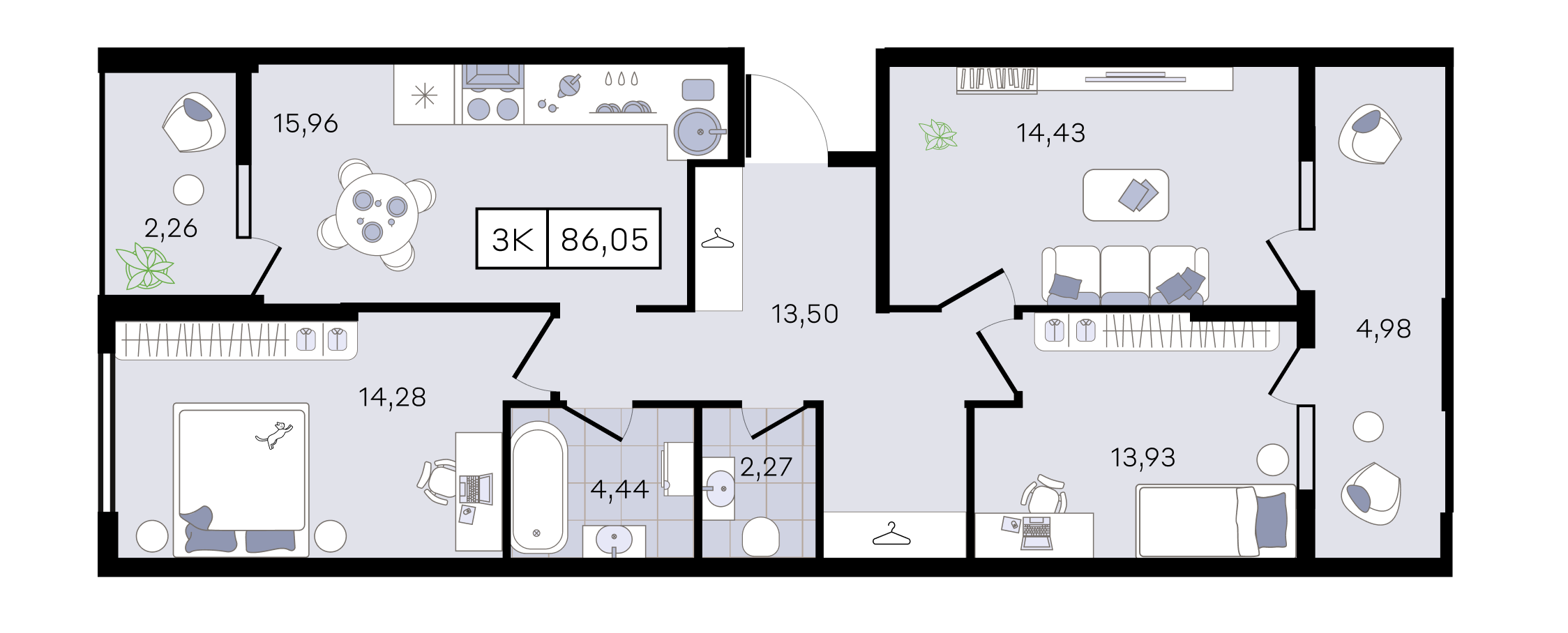 Планировка 3-комнатная 86,05 м²