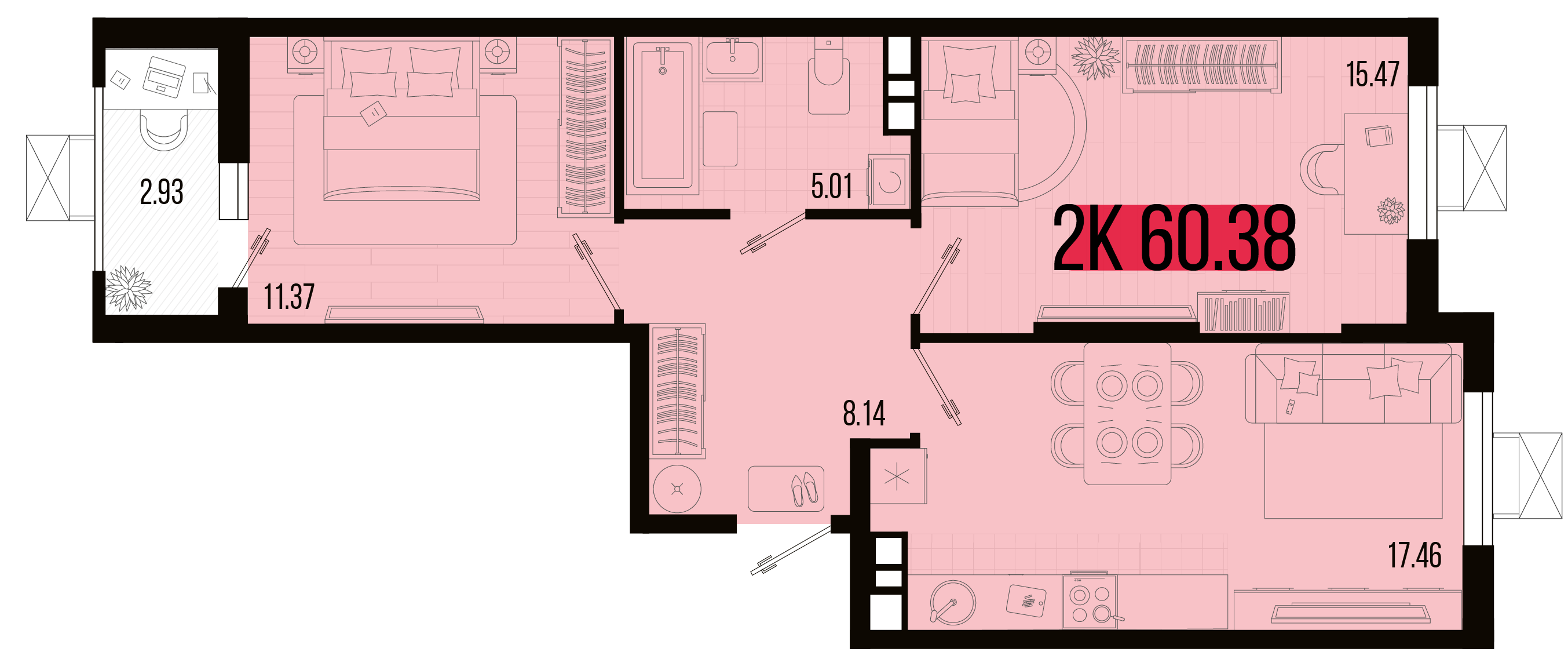 Планировка 2-комнатная 59,25 м²