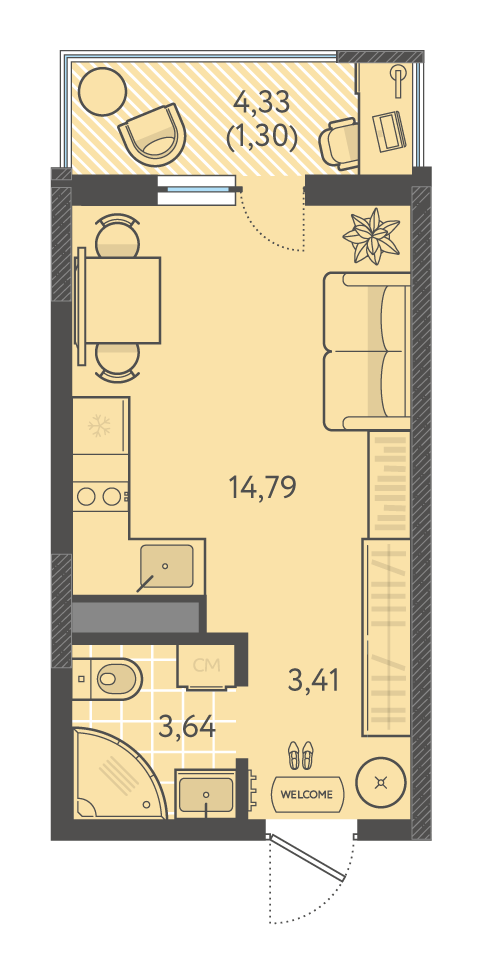Планировка: Студия 23,4 м²