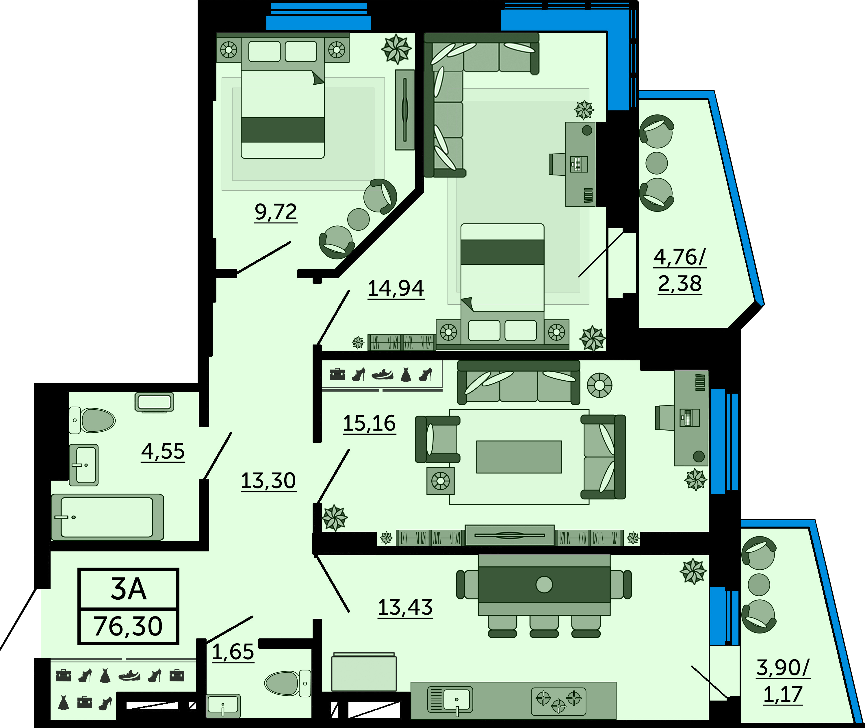 Планировка 3-комнатная 76,2 м²