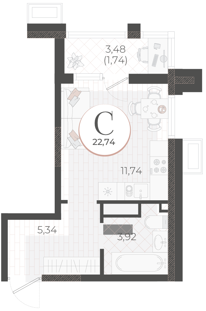 Планировка Студия 22,74 м²