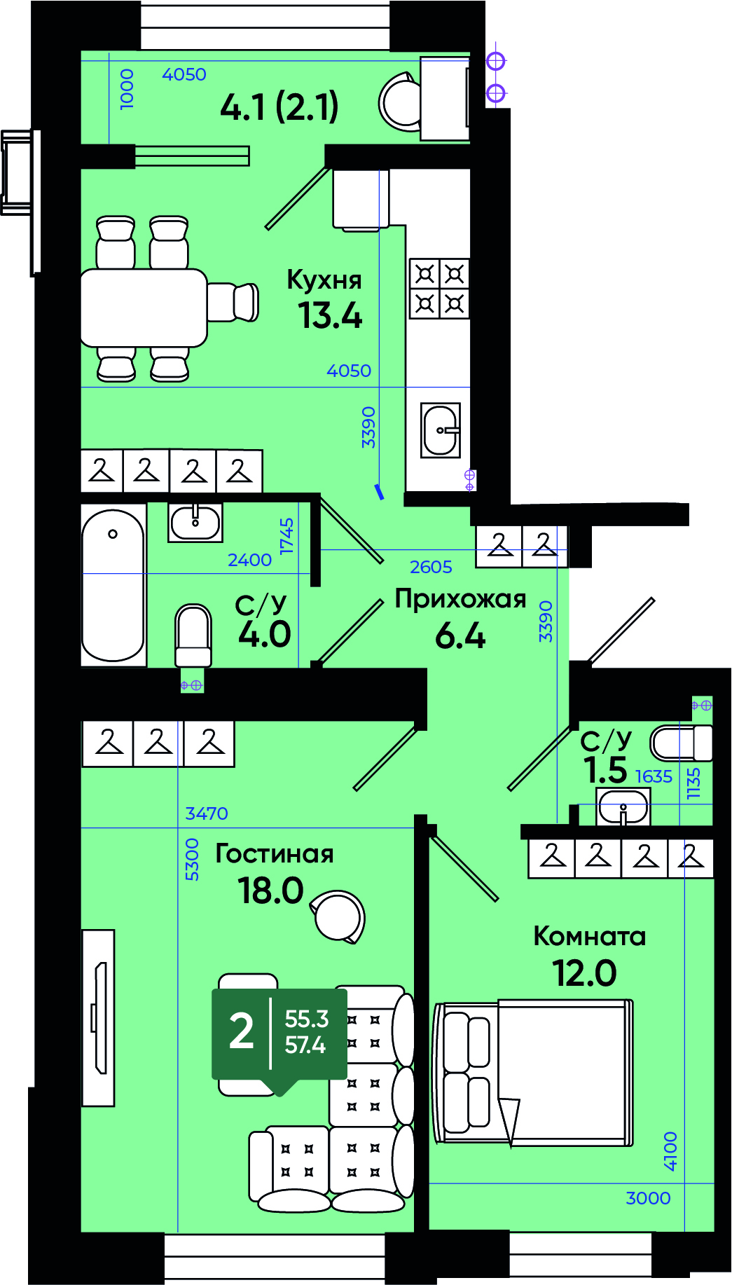 Планировка: 2-комн. квартира 57,7 м²