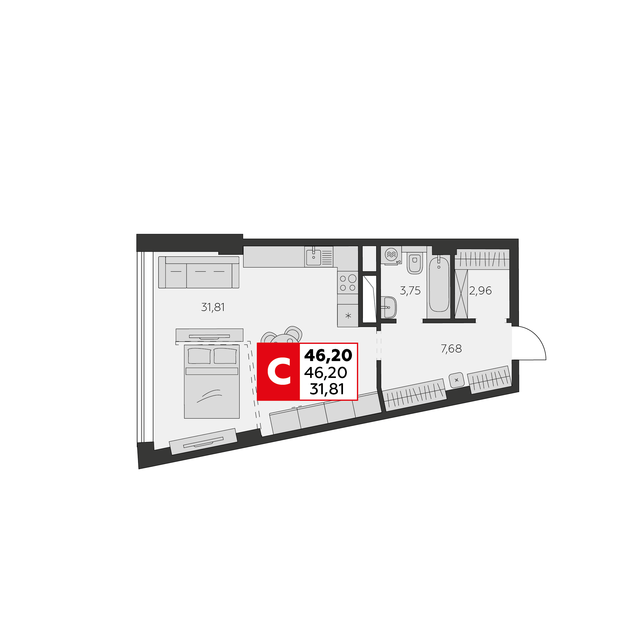 Планировка 1-комнатная 46,2 м²