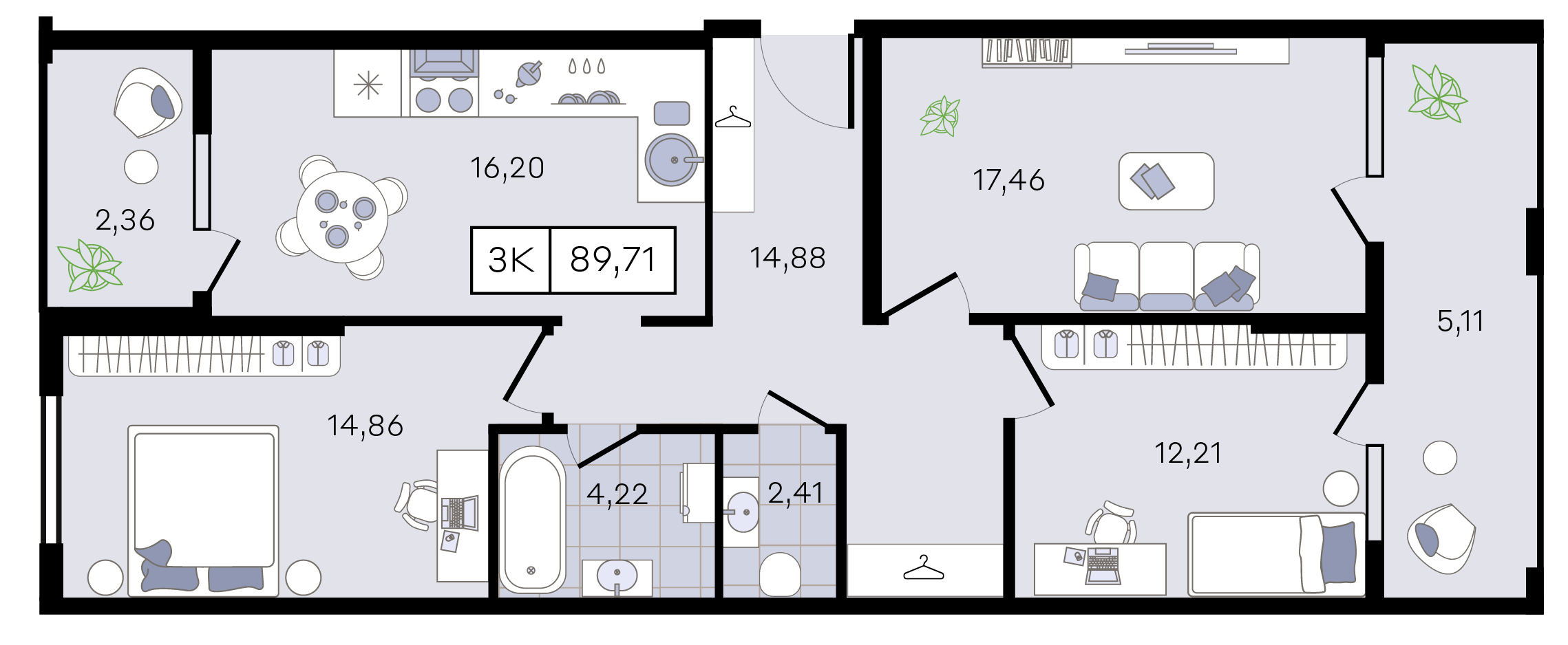 Планировка: 3-комн. квартира 89,7 м²