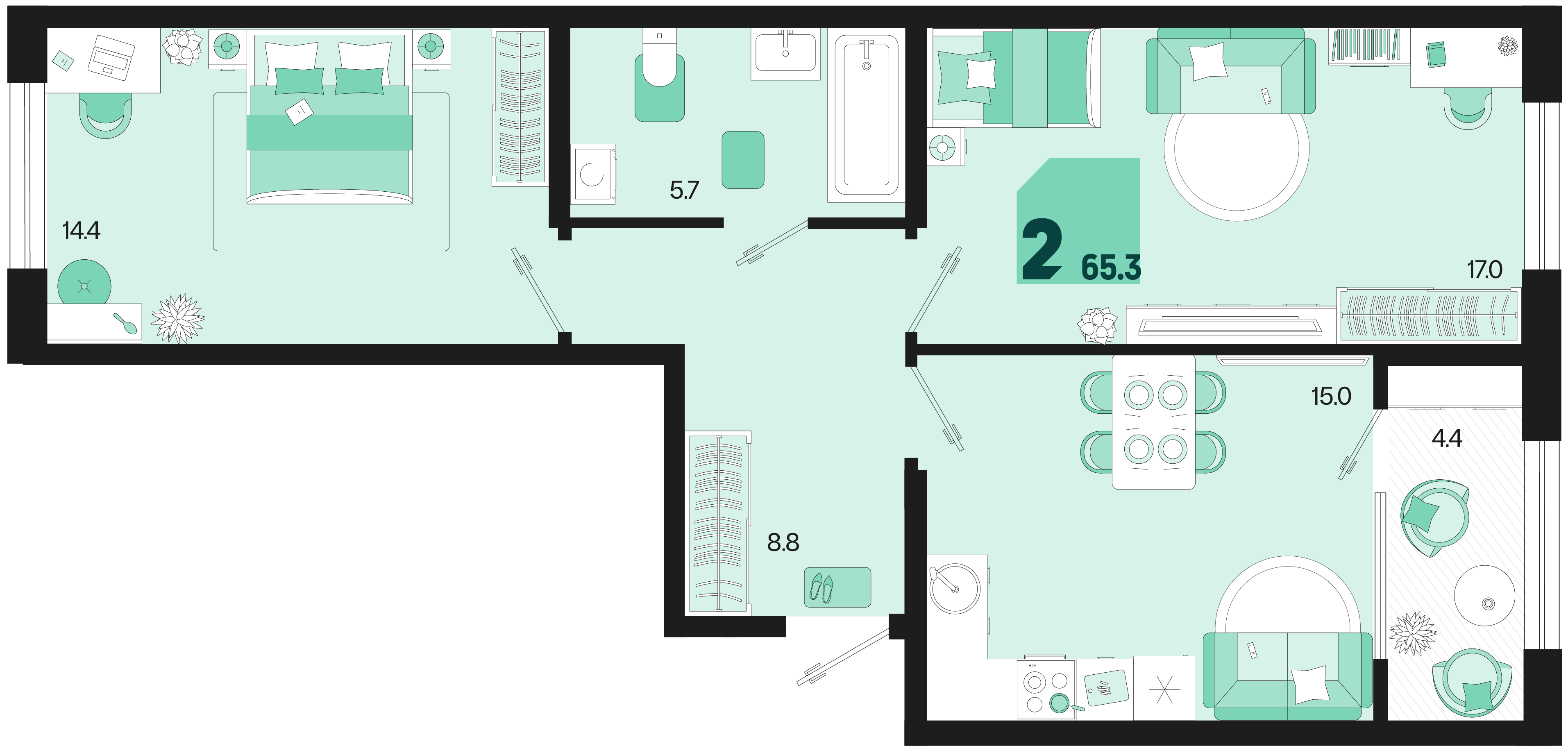 Планировка 2-комнатная 65,3 м²