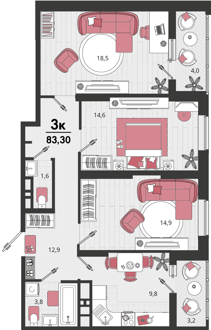 Планировка 3-комнатная 83,3 м²