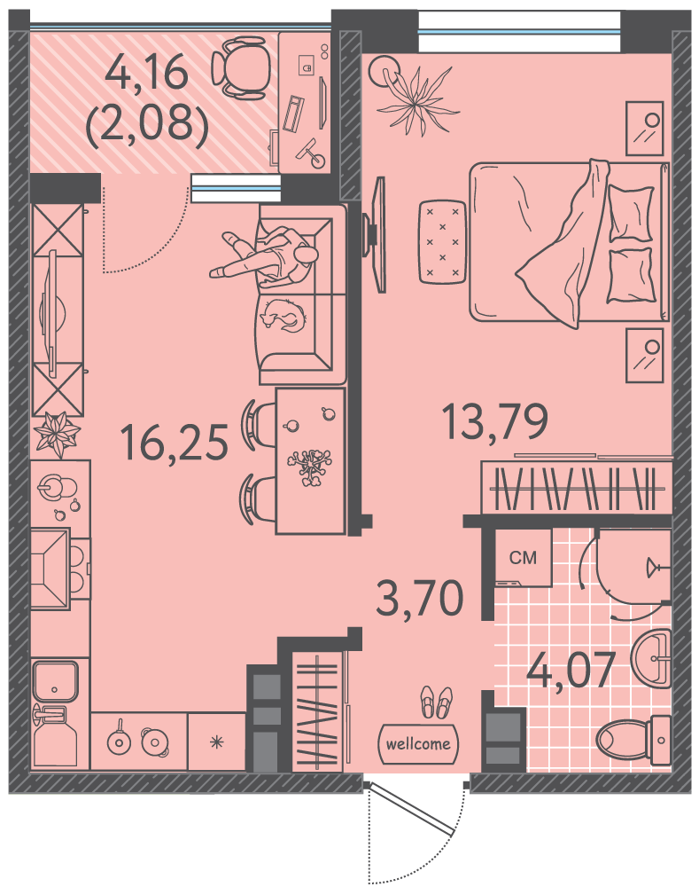 Планировка: 1-комн. квартира 39,5 м²