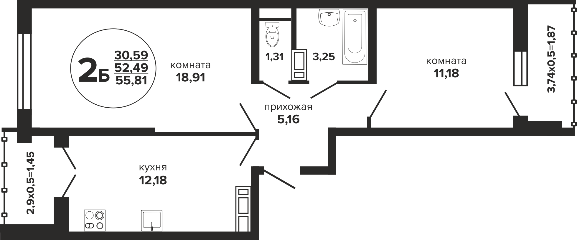 Планировка 2-комнатная 56,85 м²