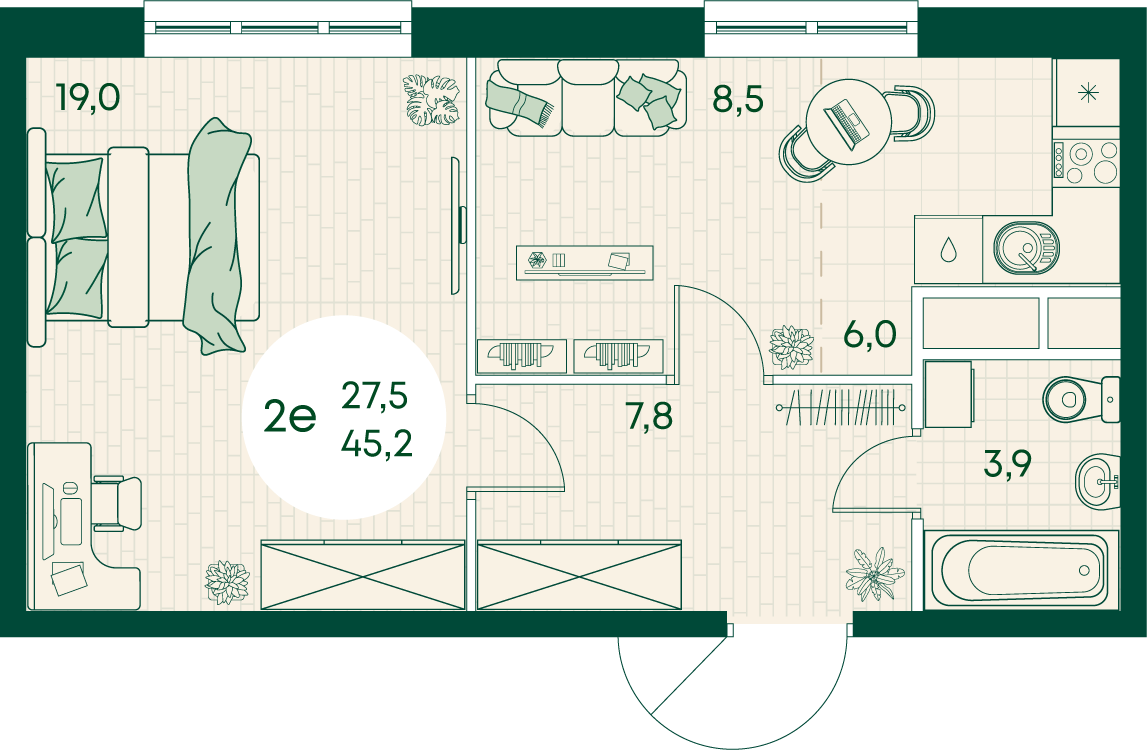 Планировка 2-комнатная 45,2 м²