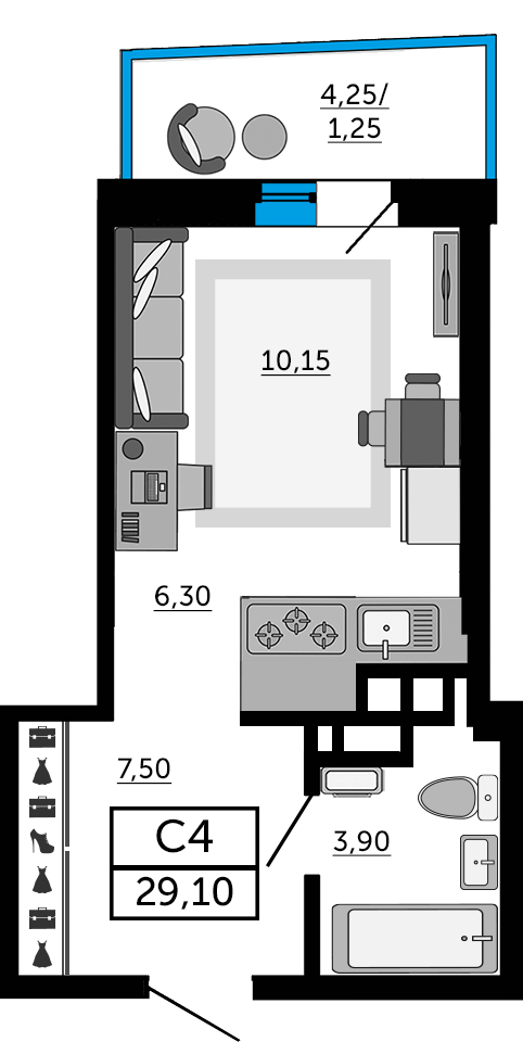 Планировка Студия 29,1 м²
