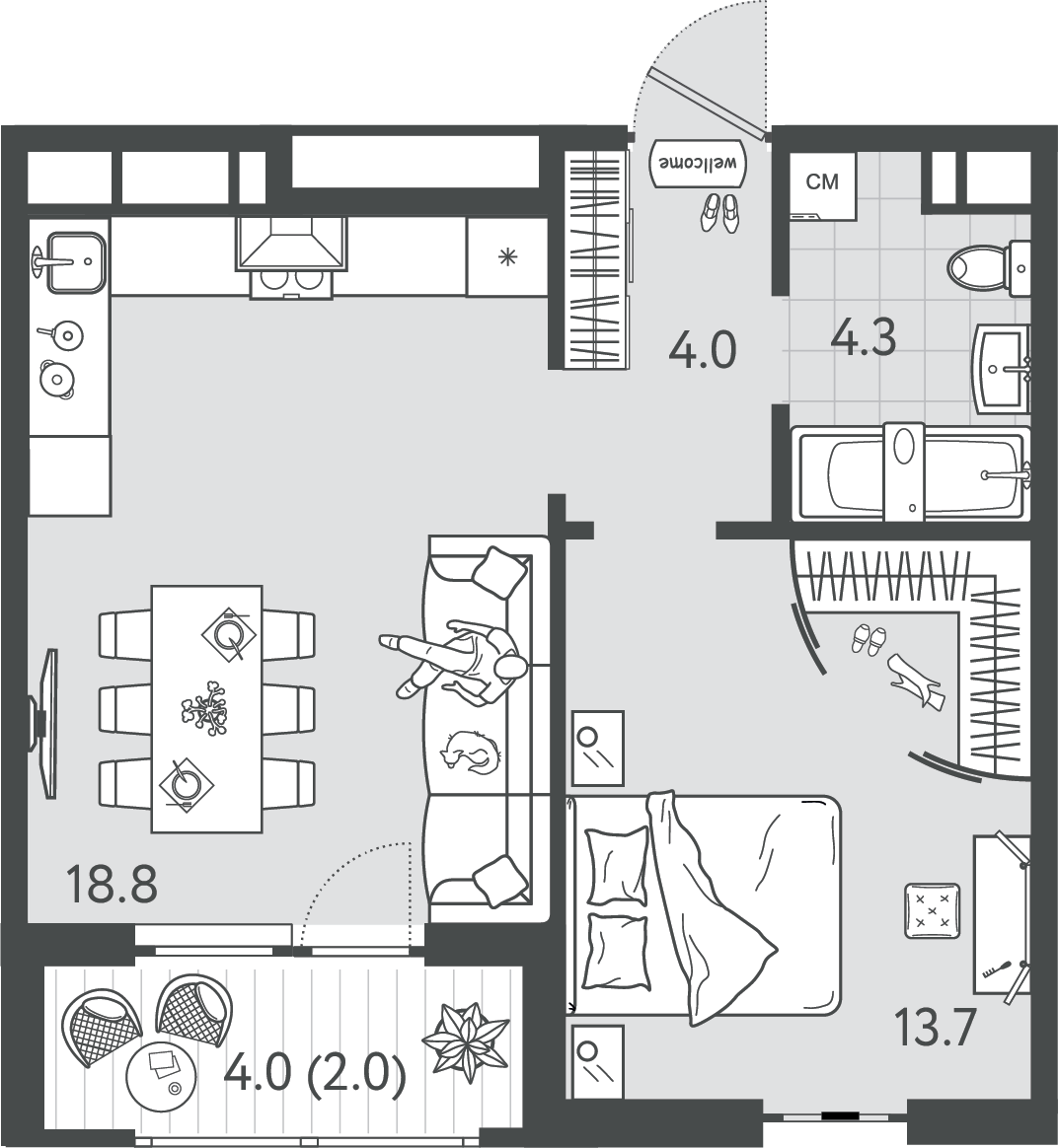 Планировка: 1-комн. квартира 42 м²
