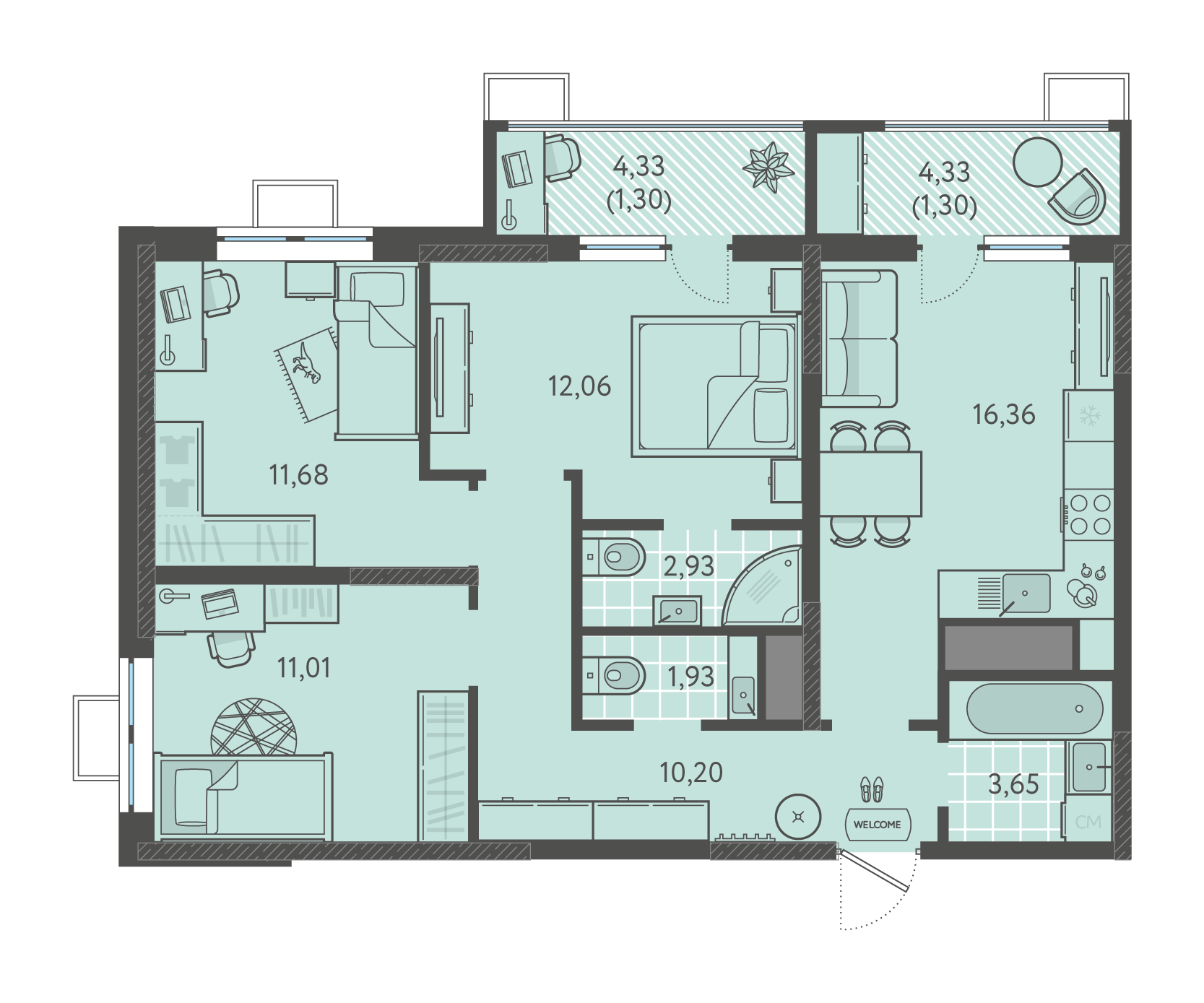 Планировка: 3-комн. квартира 72,4 м²