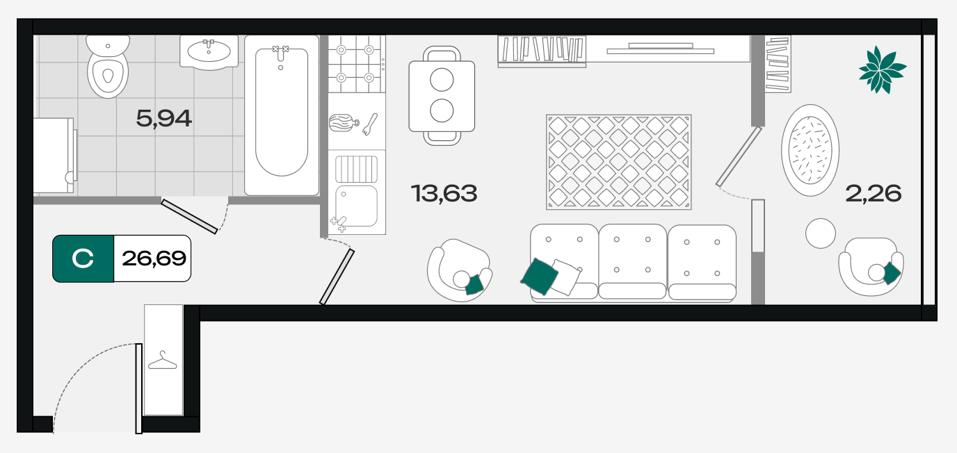 Планировка: Студия 26,7 м²