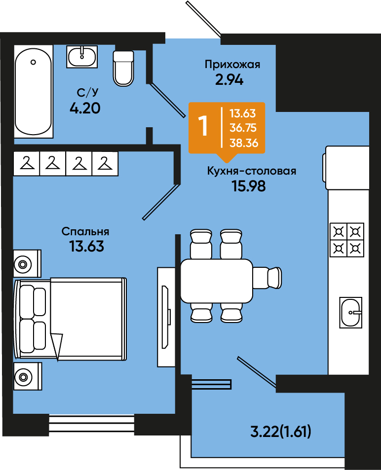 Планировка: 1-комн. квартира 38 м²