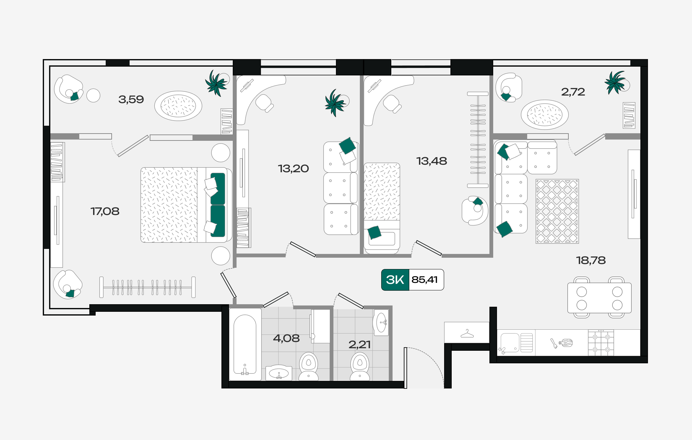 Планировка: 3-комн. квартира 85,4 м²