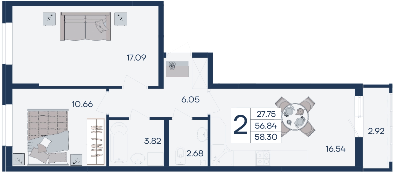 Планировка 2-комнатная 58,3 м²