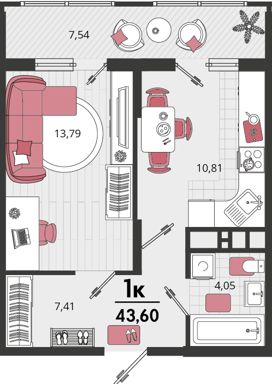 Планировка 1-комнатная 43,6 м²