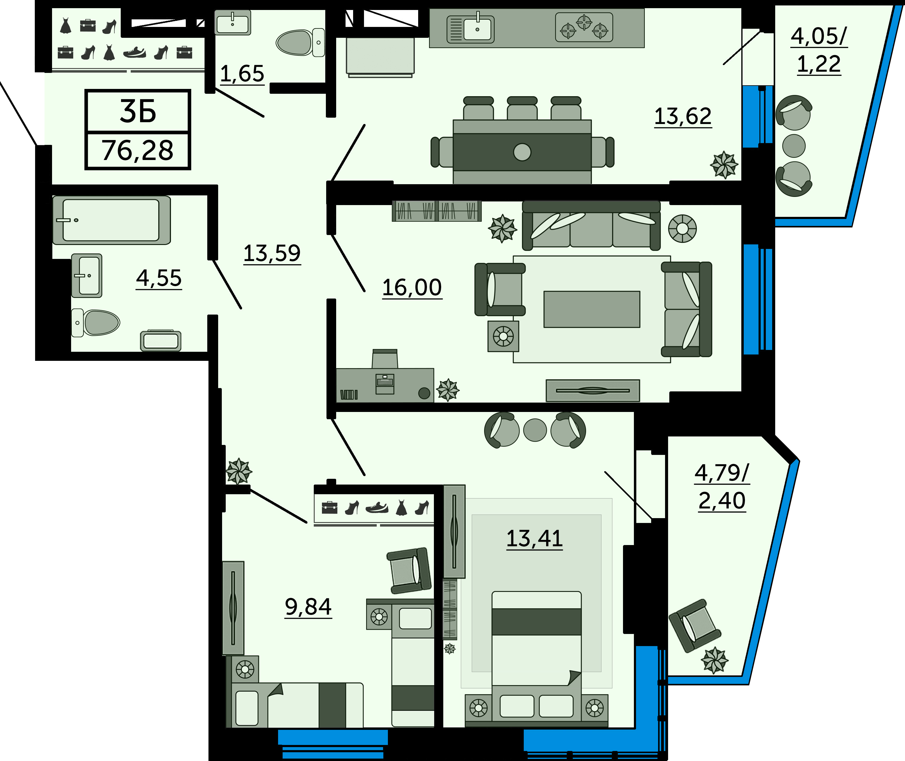 Планировка 3-комнатная 76,2 м²