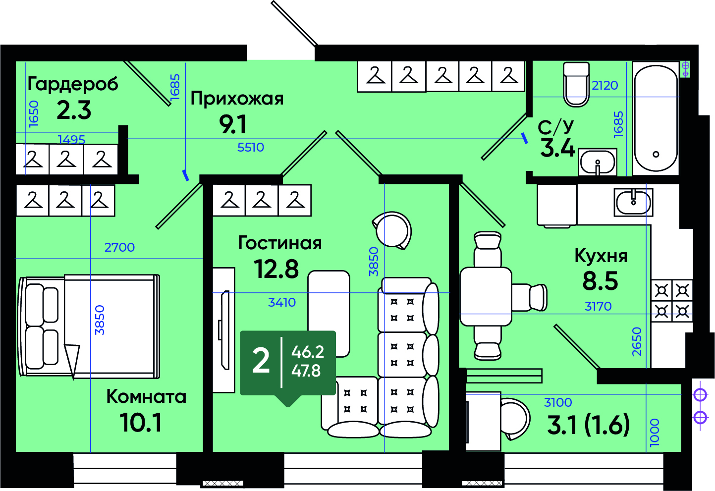 Планировка: 2-комн. квартира 49,2 м²