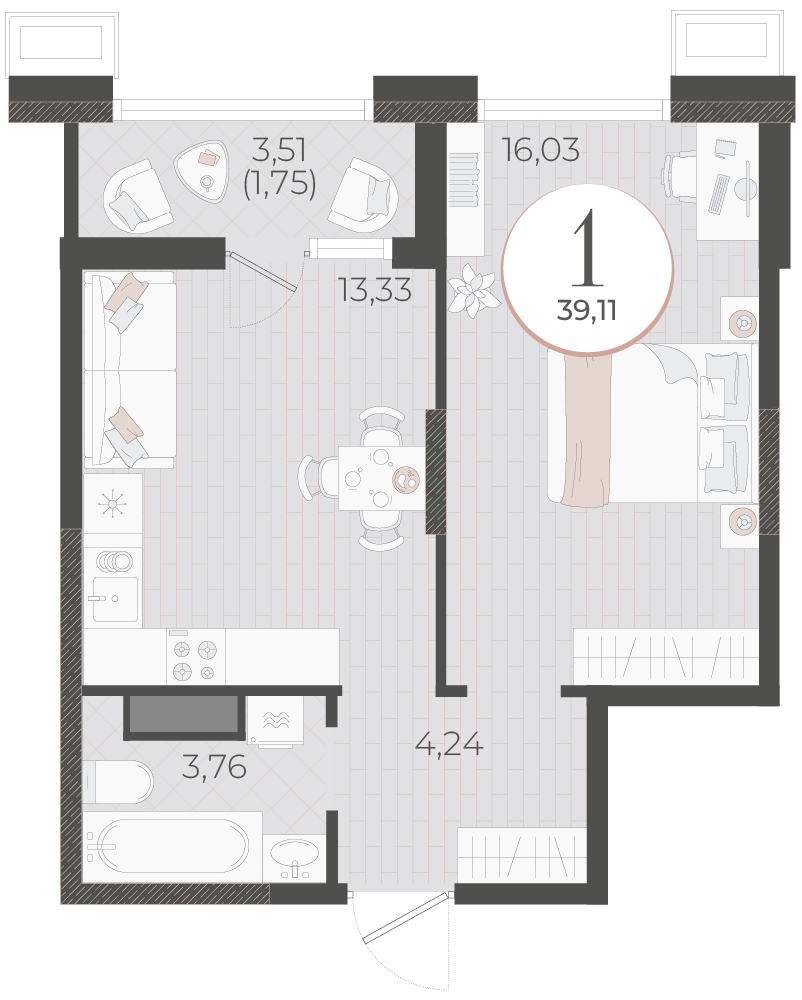 Планировка 1-комнатная 39,11 м²