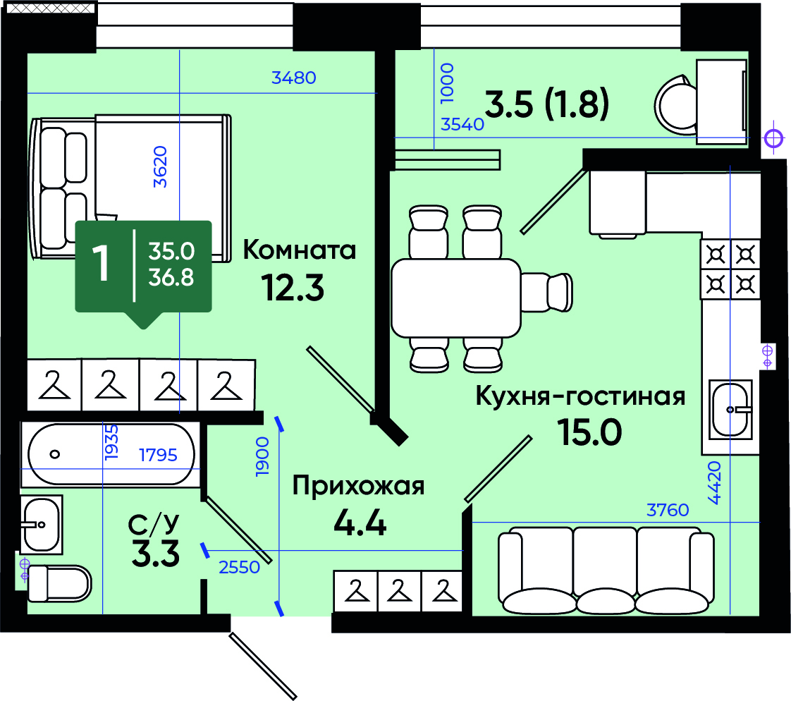 Планировка: 1-комн. квартира 36,8 м²