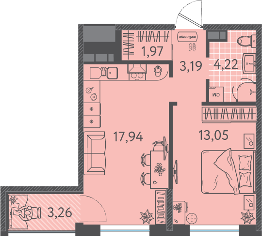 Планировка 1-комнатная 41 м²