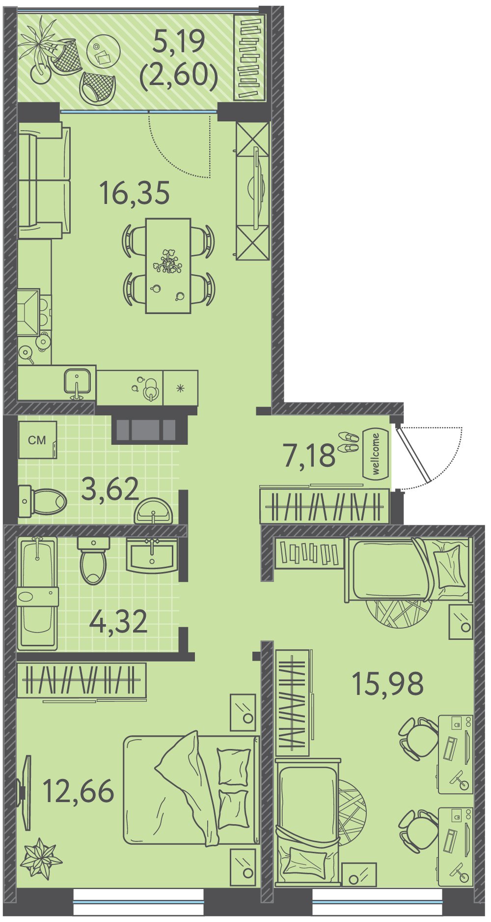 Планировка 2-комнатная 61,7 м²