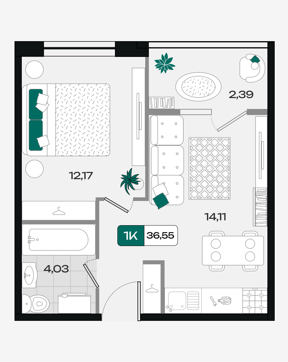 Планировка: 1-комн. квартира 36,6 м²