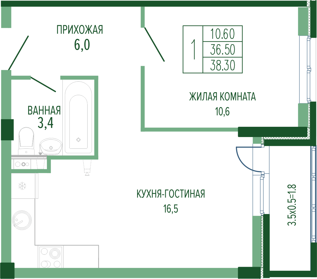 Планировка: 1-комн. квартира 39,3 м²