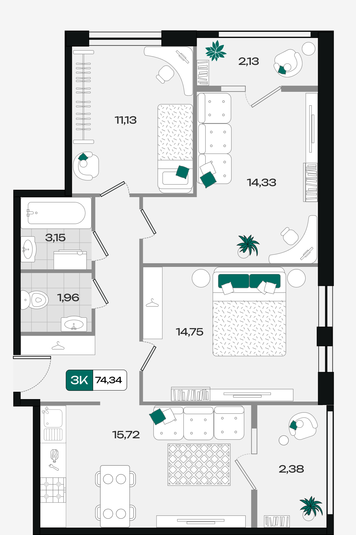Планировка 3-комнатная 74,37 м²