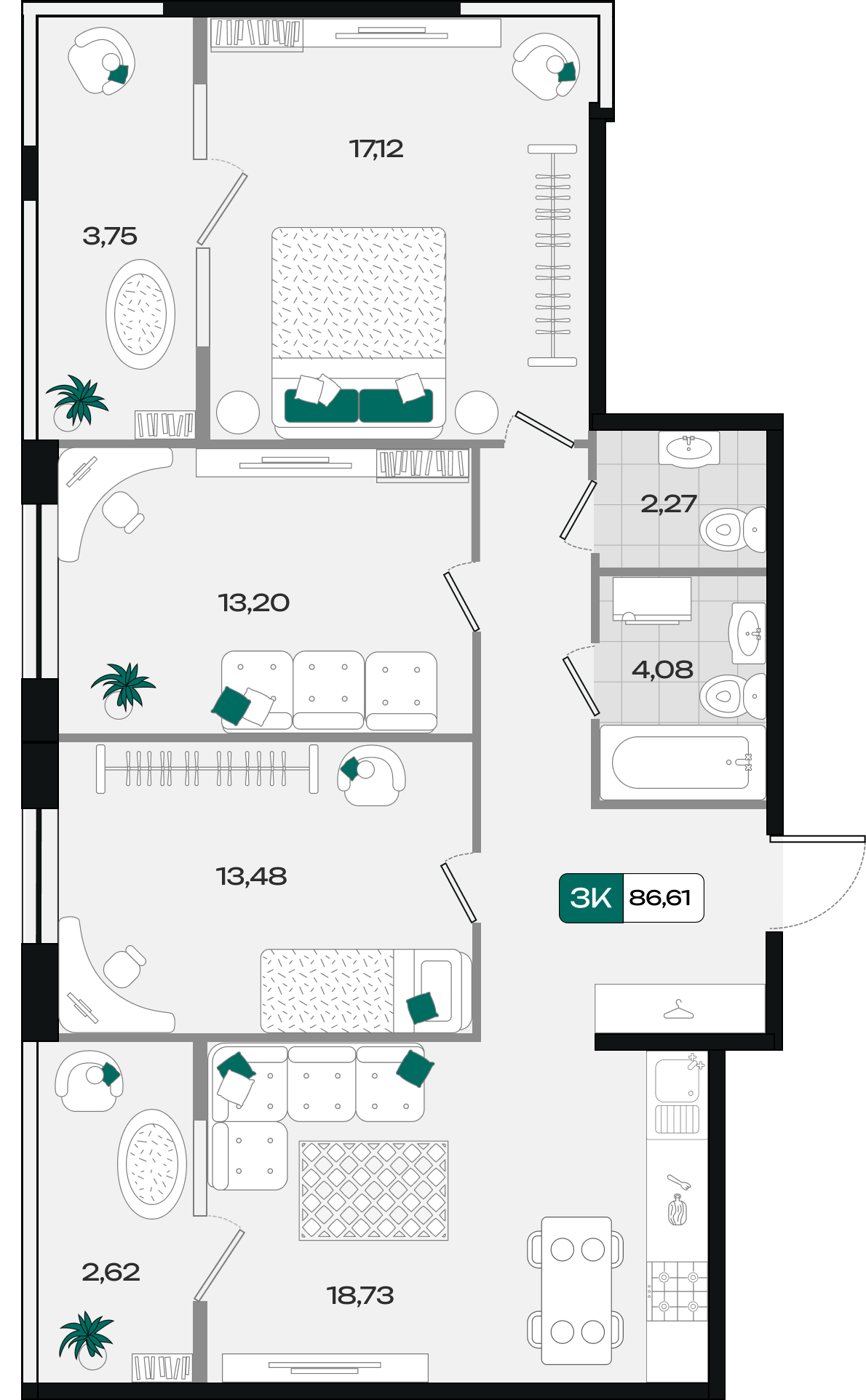 Планировка: 3-комн. квартира 86,6 м²