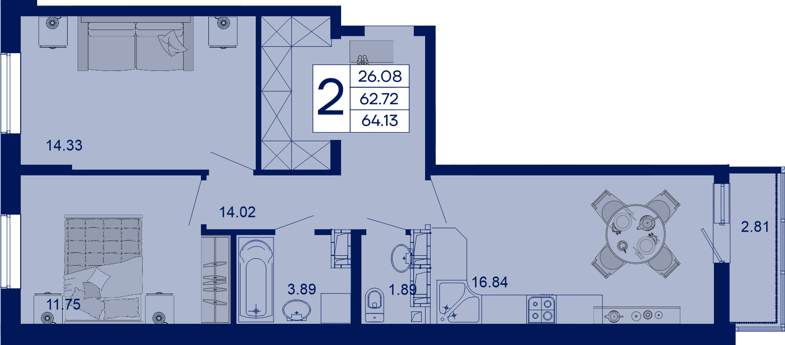 Планировка 2-комнатная 64,13 м²
