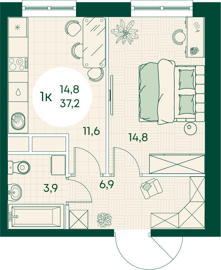 Планировка: 1-комн. квартира 37,2 м²