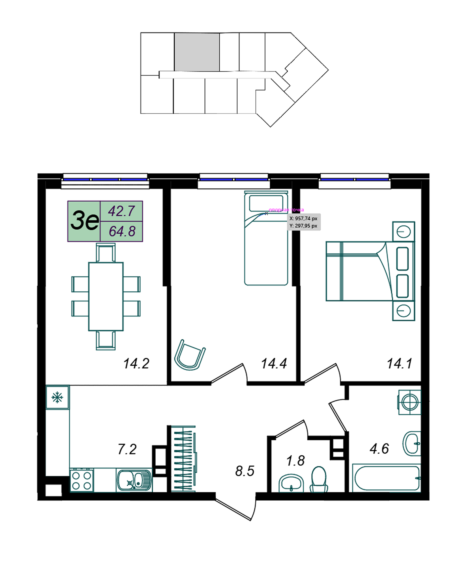 Планировка: 3-комн. квартира 64,8 м²