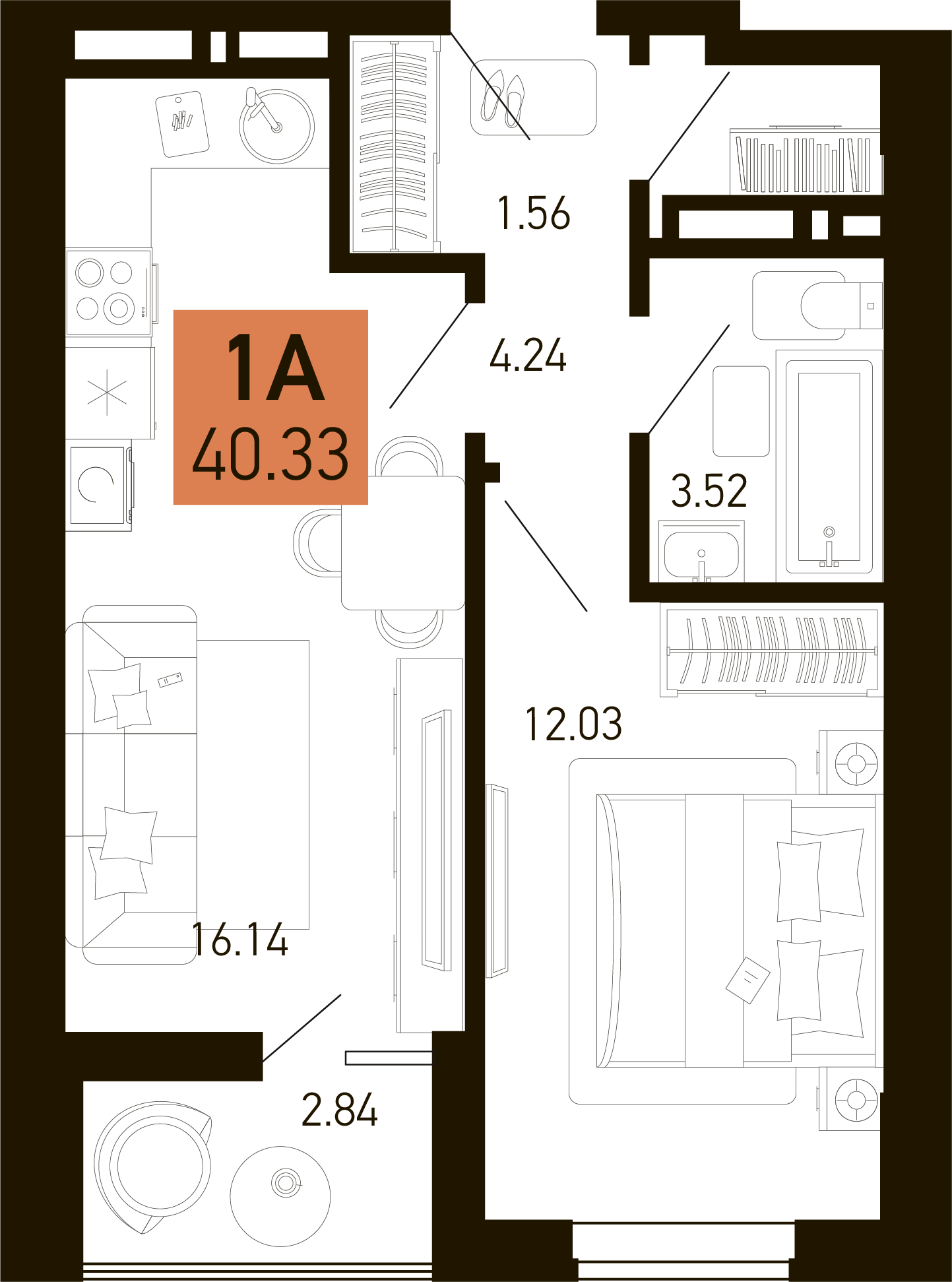 Планировка 1-комнатная 40,33 м²
