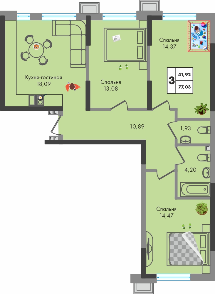 Планировка: 3-комн. квартира 77,1 м²
