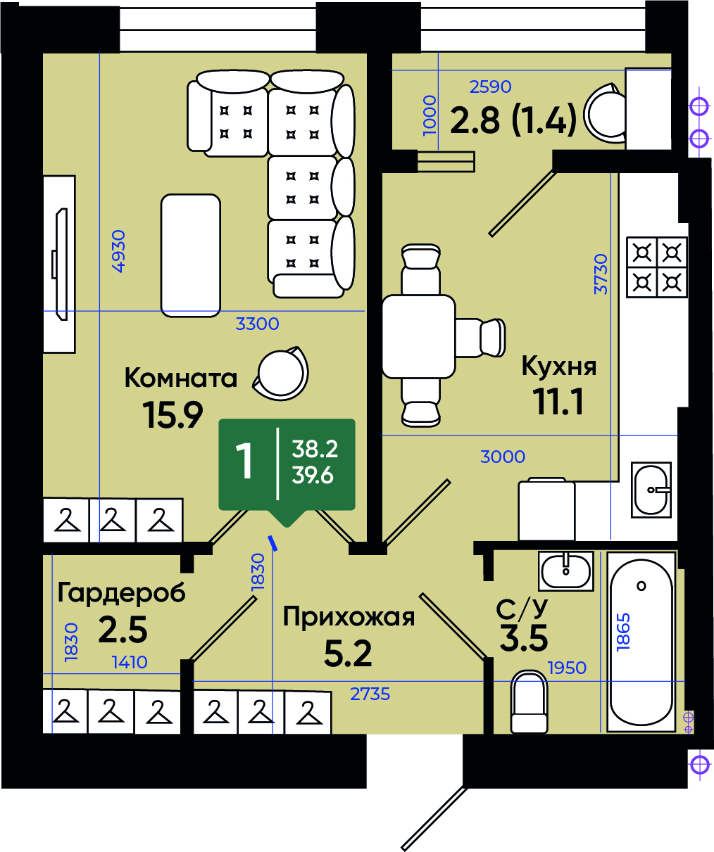 Планировка: 1-комн. квартира 40 м²
