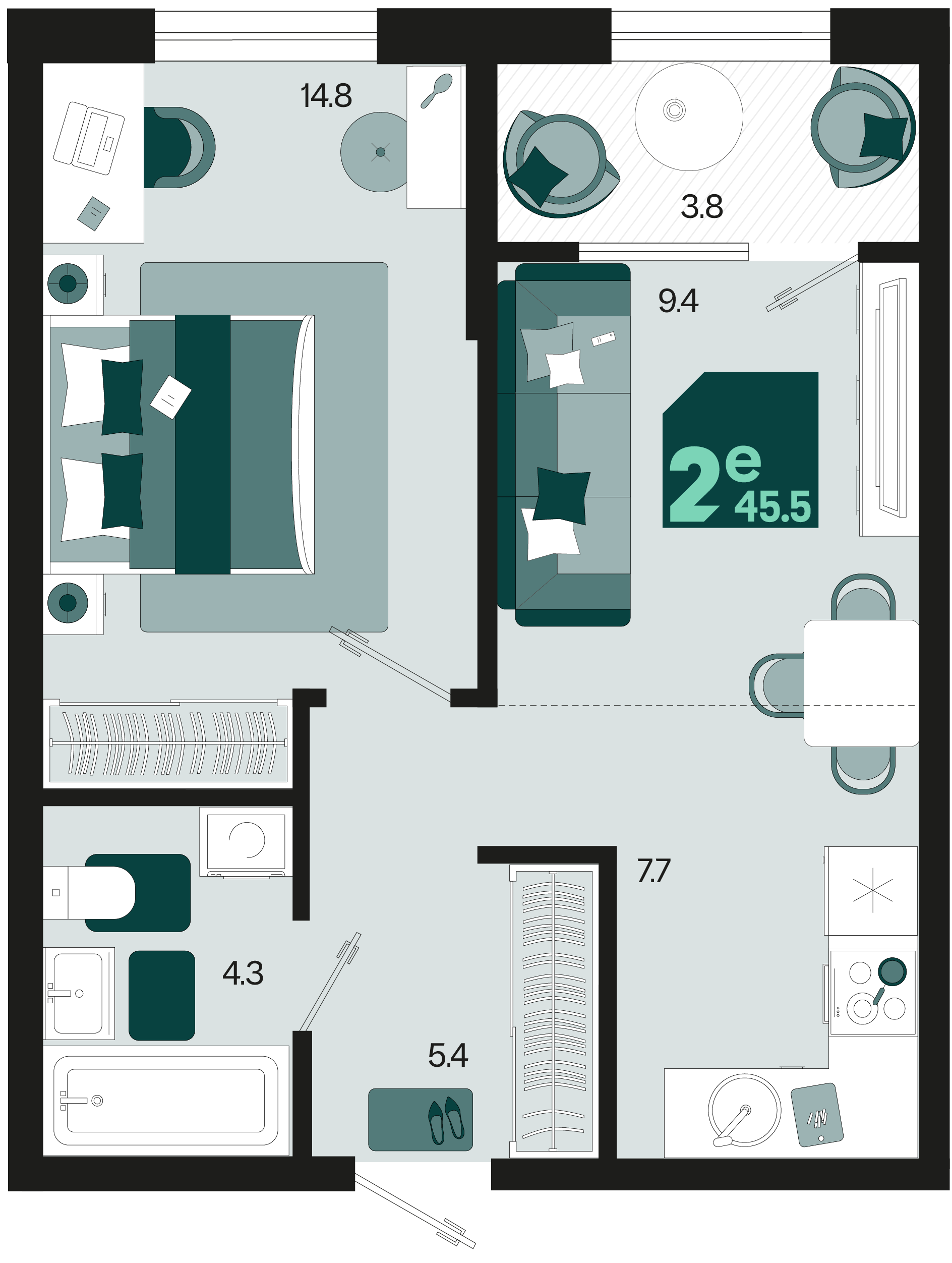 Планировка 2-комнатная 45,5 м²